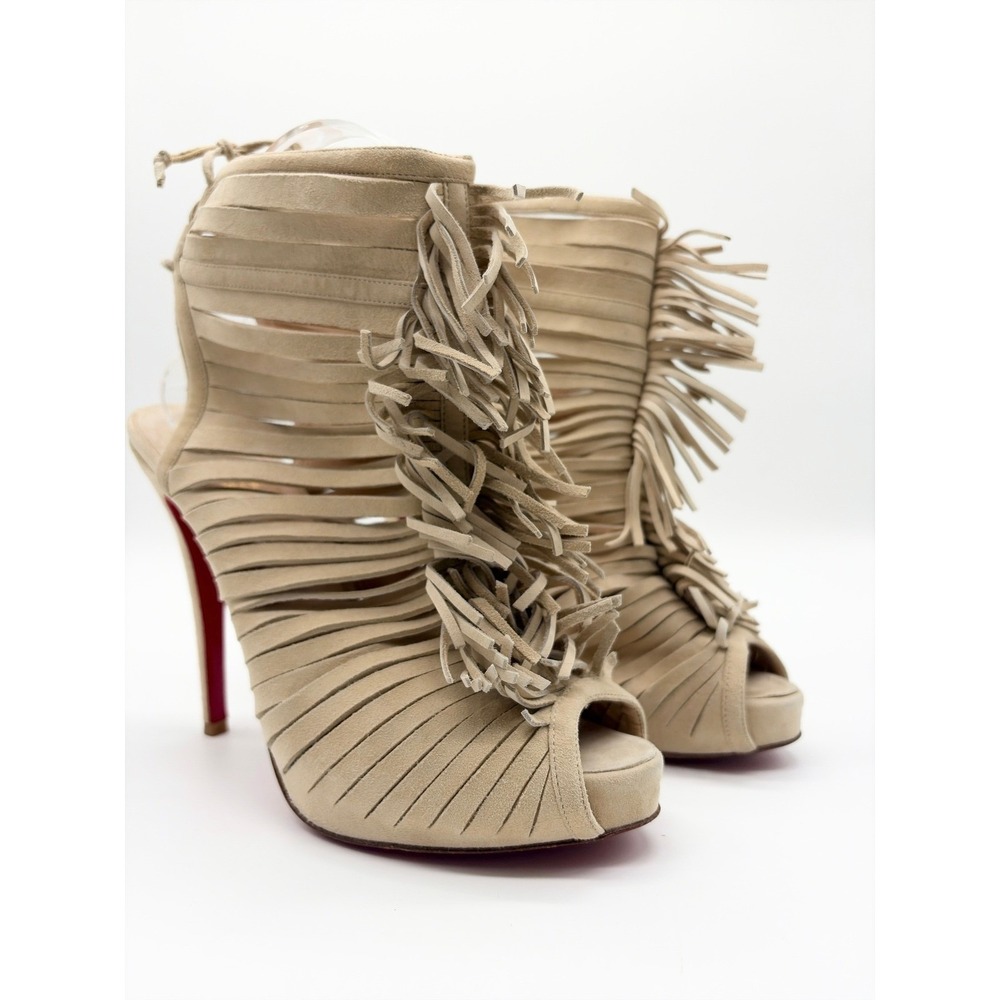 Christian Louboutin Deva 120 Fringe Suede Booties Beige‎ Red Bottom Heels 39